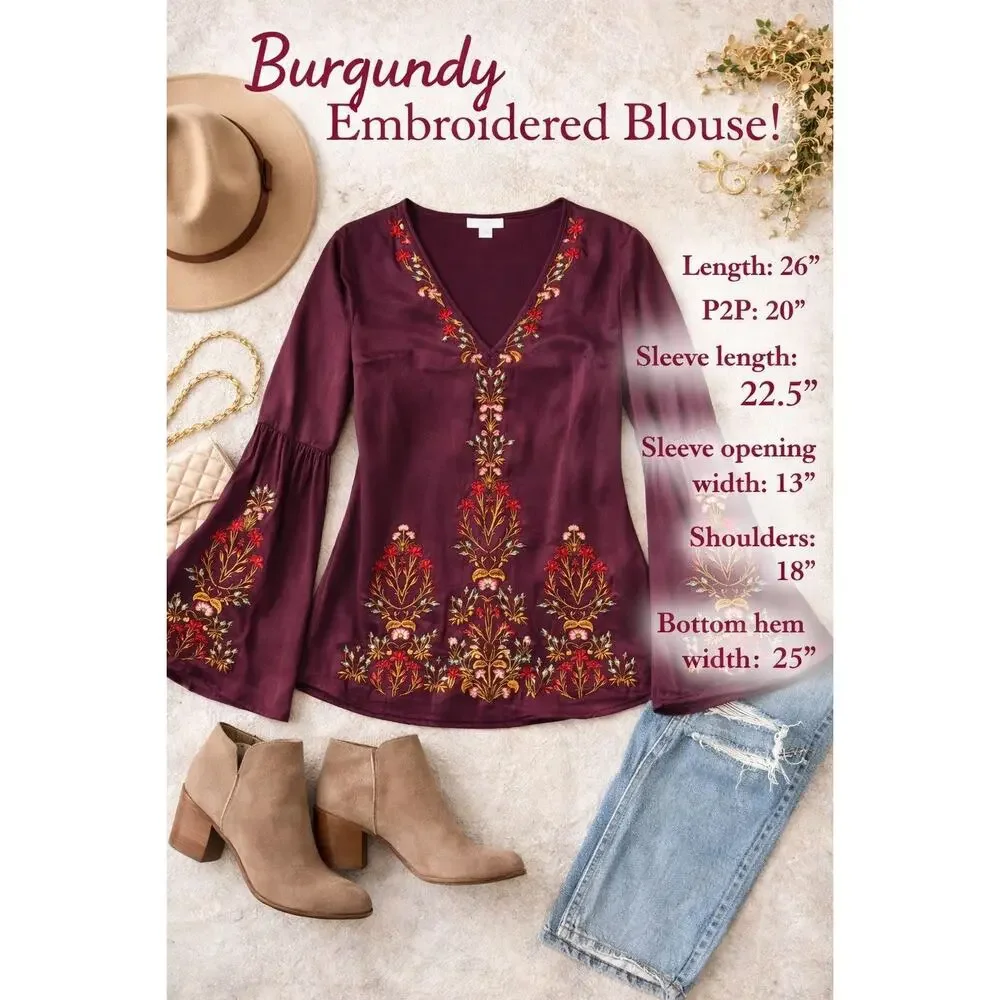 Sundance Embroidered Blouse Women's Small Burgundy V-Neck Bell Sleeve Boho - Picture 3 of 12